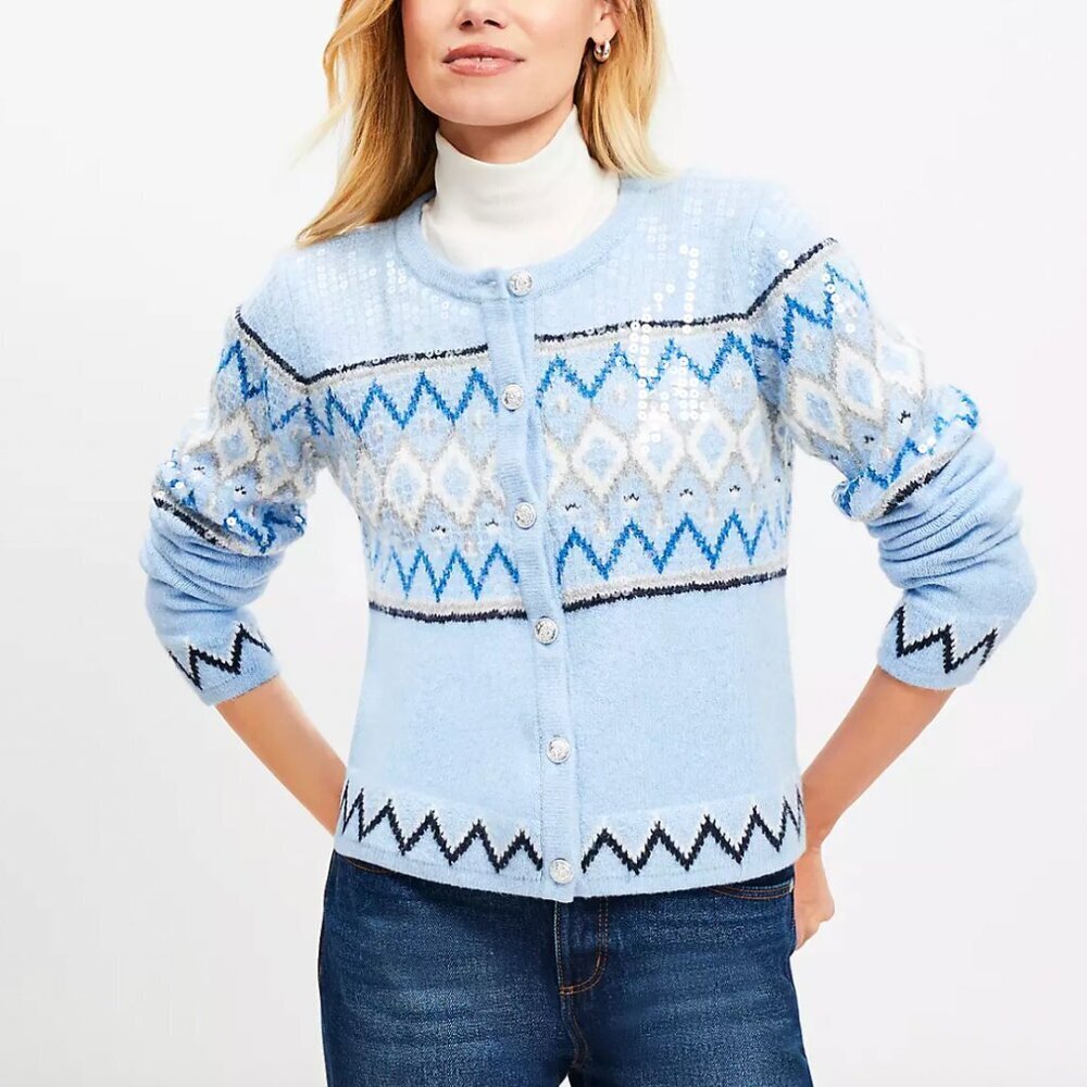 LOFT Sequin Fair Isle Sweater Jacket Blue